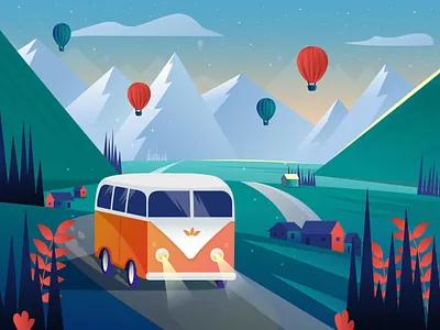 Yellow retro van cruising the countryside balloons bus car colorful countryside evening green hippie houses illustraion landscape mountains purple retro road van vector yellow
