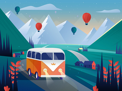 Yellow retro van cruising the countryside balloons bus car colorful countryside evening green hippie houses illustraion landscape mountains purple retro road van vector yellow