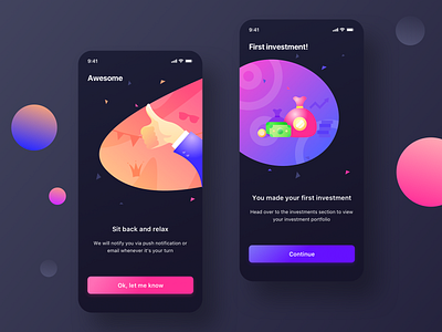 Awesome+First investment screen (Dark mode) app apple apple design button dark dark mode gradient illustration ios ios13 iphone neel night prakhar profile sharma trend ui user web