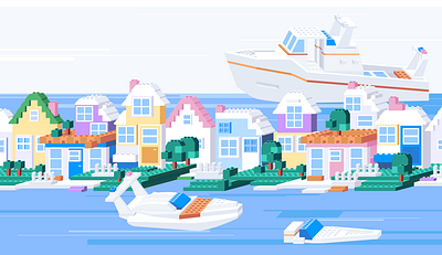 Legoland 2.5d 2d boat bricks children colors flat geometic house illustration isometric isometry model ship simple vector web