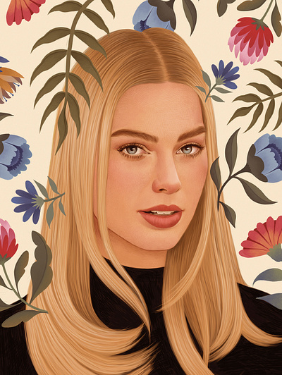 Margot Robbie digital drawn editorial floral folioart illustration mercedes debellard pattern portrait