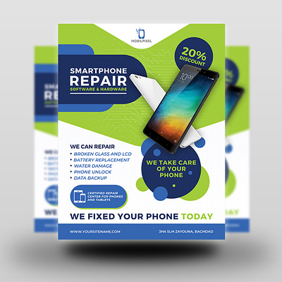 Smartphone Repair Service Flyer Template battery broken cellular damaged display electronic electronics fast fix flyer ipad mobile pad phone provides quick repair service smartphone smartphone repair