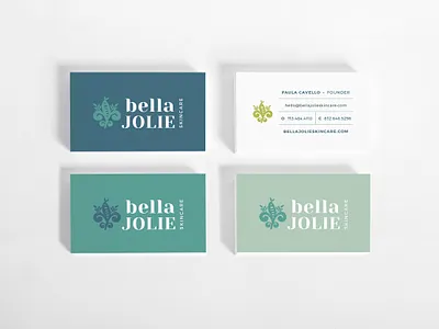 Bella Jolie Skincare — Business Cards beauty blue business cards fleur de lis houston logo design mint natural skincare teal typography wellness