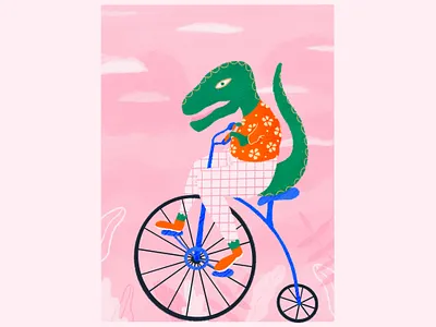 T-Rex riding penny farthing 2d bike cute dinosaur dtiys illustration pattern pink procreate procreate art procreateapp redraw t rex texture tyrannosaur