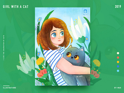 Young girl with a cat cat design girl illustration