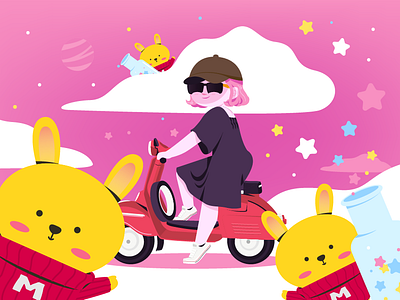 Dreamy Girl baby bike cute dream dreamy galaxy girl girl character girl illustration girly pink pink hair rabbit star vespa