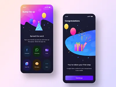 Bump_me_up + Congratulations screen DARK MODE (FirstStep app) app application branding dark dark mode digital gradient investment logo message mobile neel night prakhar product sharma ui uidesign uiux vector
