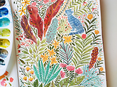 Smell the flowers art botanics cat drawing flowers gouache hand drawn illustration painting