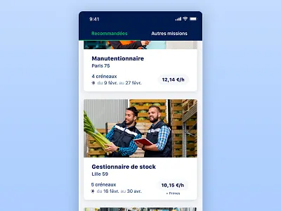 iziwork app variant app card cover date design design system feed flat hours job lean mission mobile mobile app price salary ui ux variant worker