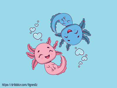 Axolotl couple in love amphibian animal art axolotl cartoon character cute design kawaii