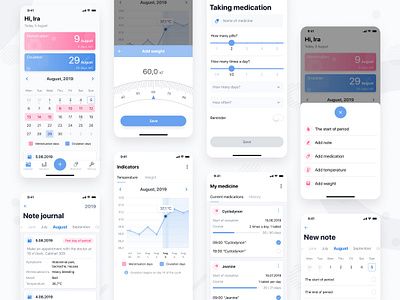Women's calendar app calendar card dashboad design ios journal medicines mobile note picker reminders ui ux weight