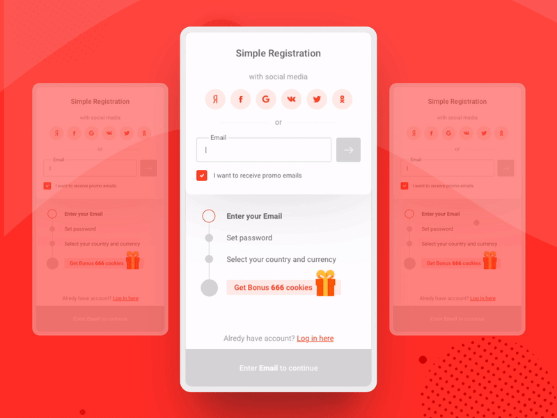 Step-by-Step Registration animation bonus country currency email field form input mobile password progress registration selection sign up social media step by step stepper successful validation wizard
