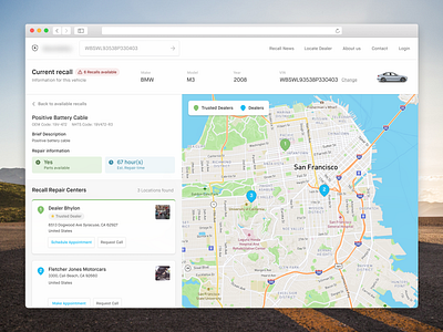 Recall UI address car cards icon motor recall ui ux vin