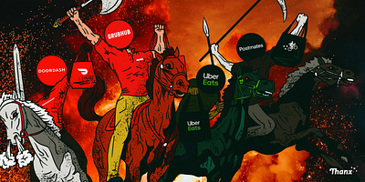 The Four Horsemen of the Restaurant Apocalypse? apocalypse drawing four horsemen gritty horsemen illustration noise parody vector