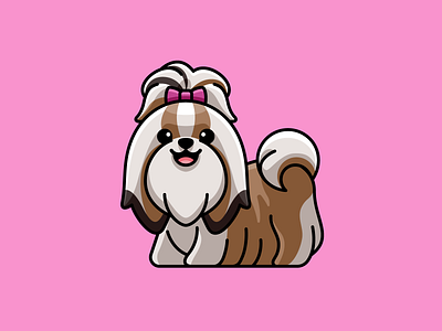 Long-haired Shih Tzu cartoon comic character mascot child children cute fun funny dog puppy female breed happy cheerful illustrative illustration logo identity long haired pet canine pretty beautiful purple pink ribbon fur shih tzu shihtzu animal smile laughing sticker design