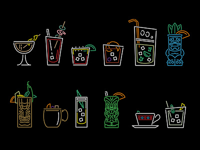 Neon Cocktails alcohol asian beverages bright china color cups drink food glassware illustration illustrations japan line art liquor platware restaurant straw tiki