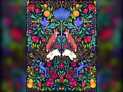 Fox Tapestry animal art digital painting floral art floral pattern illustration pattern tapestry