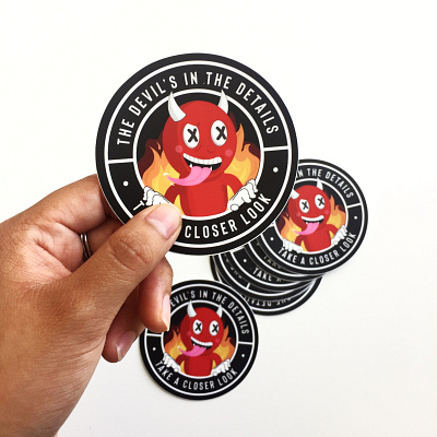 Printed Devil badge cartoon devil eyes fire flames horns hot illustration illustrator monster print red retro sticker tongue