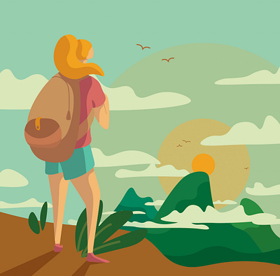 Adventure Awaits design flat girl hawaii hiker hiking illustration mountains travel traveling ui vector woman