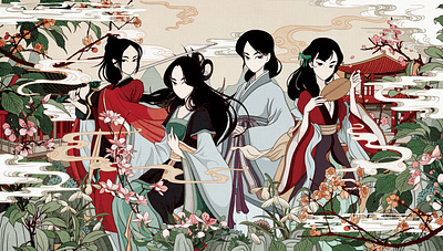 Clashing Colour artwork chinese culture ddrawing digital art girls illustration pattern plants traditional