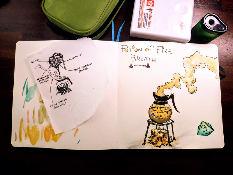 D&D Armory: Potion of Fire Breath carafe coffee dndarmory drawing dungeons and dragons fire illustration ink morgoth pot potion rpg watercolor
