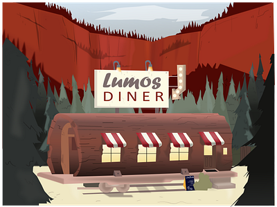 Restaurant in the woods camp color design digital dinner drawing dribbble flat food illustration logo mountain red redesign concept restaurant sign typography vector window wood