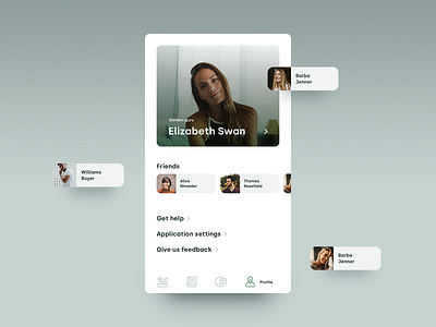 Growapp. Profile app bar cards clean contacts feedback freinds help info interface list mobile navigation overview profile settings tab ui ux web