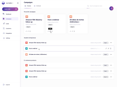 Campaign List admin panel clean concept crm dashboad design flat funnel list listing marketing product sales steps ui ux