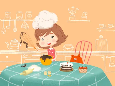 girl cook preparing a cake cake cat character children children book childrens book cook design girl illustration kitchen sweet