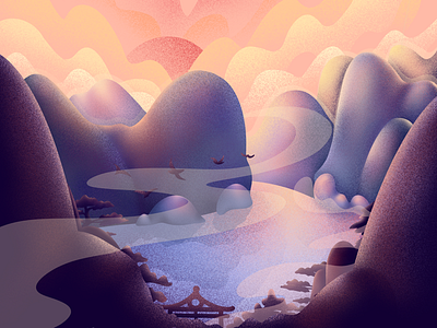 Chinese landscape 💮 art china cloud color gradient hills illustration japan japanese lake landscape mountain nature procreate rock sun sunset texture ui web