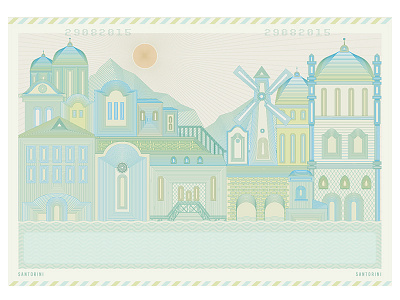 Santorini hometown illustration landscape lineart postcard sun vector wedding card