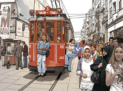 Istambul Taksim Tram documentaryillustration illustration watercolor