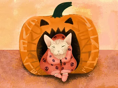 Sphynx Cat Wearing a Skull Hoodie digital illustration gouache hairless cat halloween jack o lantern pumpkin skulls sphynx sphynx cat texture