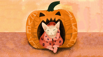 Sphynx Cat Wearing a Skull Hoodie digital illustration gouache hairless cat halloween jack o lantern pumpkin skulls sphynx sphynx cat texture