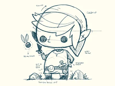 Zelda's Link sketch 90s blake stevenson cartoon character design cute elf fairy hipster illustration jetpacks and rollerskates link nintendo retro rock skull sword toronto tunic video game zelda