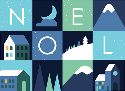 Noel building christmas geometric greeting card house moutains noel snow square stationery vector village winter