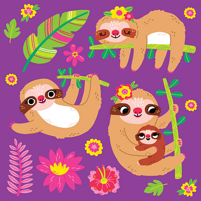 Cute Sloth Icons & Pattern for Crocodile Creek animal animal art childrens art childrens illustration commercial art crocodile creek cute design drawing flowers illustration pattern product design sloth