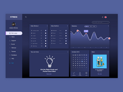 Fitness Dashboard calories dailyworkout dashboad dashboard design dashboard ui fitness fitness center gym icons social statistic store tips tricks