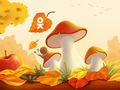 September autumn birds fall illustration leaves mushrooms nature season september snail