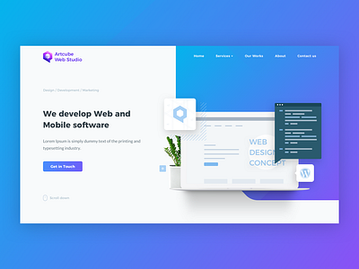 Artcube homepage abstract art blue gradient illustration interface design sketch app uidesign ux design uxdesign web