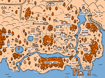 Stardew Valley map autumn digital illustration forest houses illustration islands map procreate procreate art sea stardew valley town