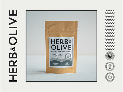 Herb&Olive Pouch Design black branding cbd design flat design green kraft kraft paper label logo package design photography pouch typography vector