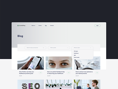 GP. Blog article articles blog cards design dropdown filters header hero interface layout login medicine news search seo topics ui ux web