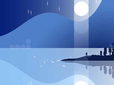 Blue Lake blue evening illustrator island lake lakes monochromatic monochrome moon moonlight night reflection sky vector water