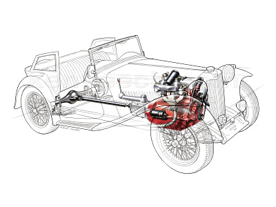 1947 MG-TC automotive illustration car illustration car rendering illustration illustration cut away technical illustrator