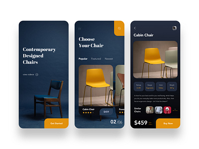 Contemporary Designed Chairs E-commerce UI appdesign chair ecommerce ecommerce shop furniture furniture design furniture store orange selling shop ui uidesign uiux ux yellow