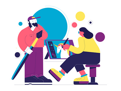 Creative Team art direction creative drawing girl hipster illustrator man playful team tech unicorn vector woman