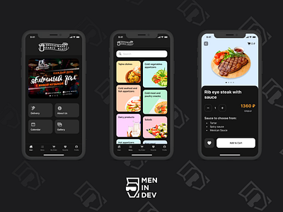 Application for ordering food delivery from a restaurant app concept dark ui delivery app food app meal ui