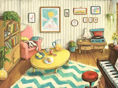 Cosy Apartment children illustration dog house decor illustration nostalgia nostalgic illustration painting piano room room illustration rooms
