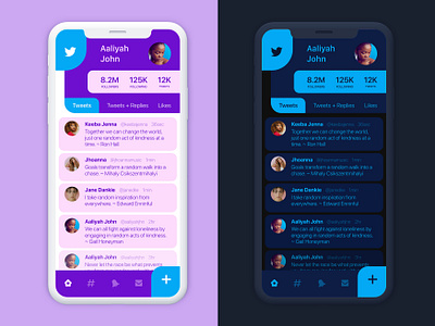 Modern Twitter app blue dark mode dark theme dark ui design flat ios iphonex light minimal mobile app mobile ui pink social app social media socialmedia twitter ui ux